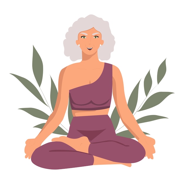Yoga per donna anziana. La nonna fa ginnastica. Posa del loto. concetto di vecchiaia attiva. Vettore