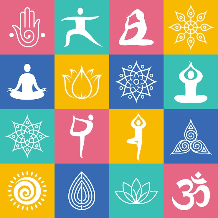 Vettore yoga pone icone simboli yoga ed elementi di design