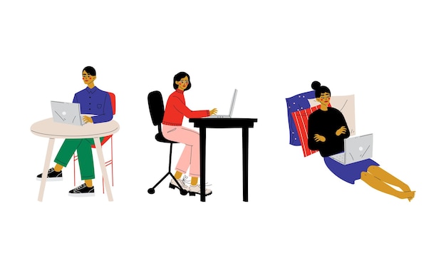 Young Man and Woman Freelancer with Laptop Sitting at Table Working from Home Vector Set