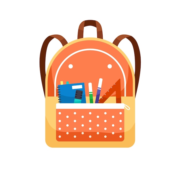 Zainetto con cancelleria scolastica. Borsa con tasca frontale piena di penne, matite e righelli. Zaino per ragazze. Zaino chiuso. Illustrazione vettoriale piatta colorata isolata su sfondo bianco.