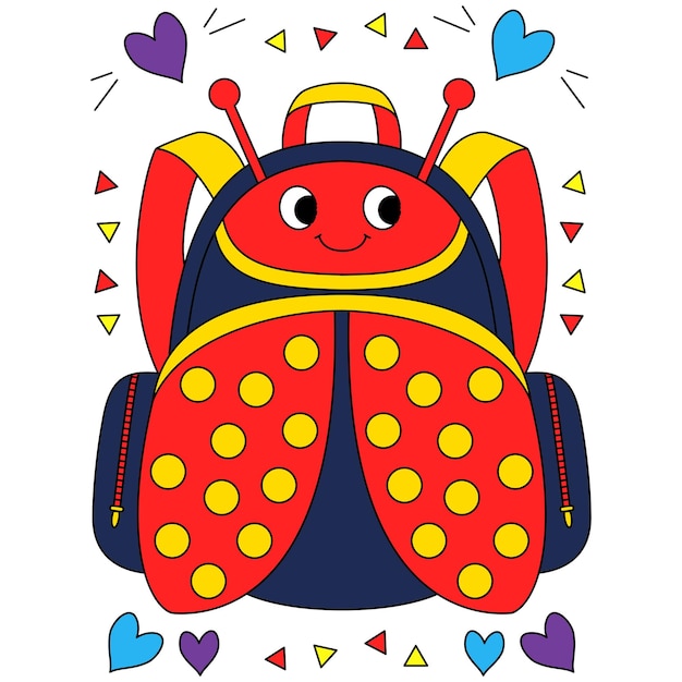 Zaini colorati della borsa della scuola dell'insetto rosso con gli ornamenti di amore e del triangolo che colorano l'illustrazione di vettore