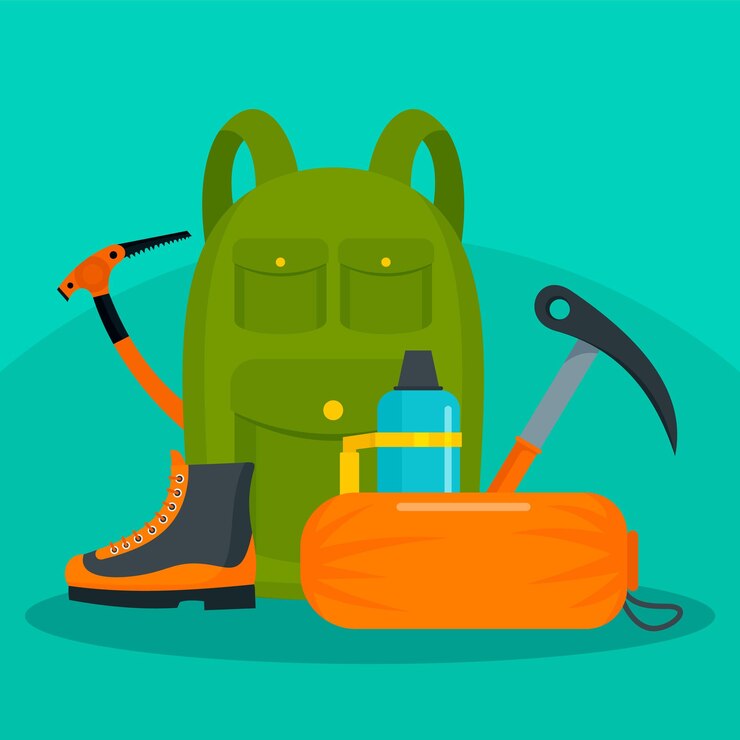Vettore zaino per escursionisti con strumenti e scarpe sfondo illustrazione piatta di uno zaino per escursionisti con strumenti e scarpe sfondo vettoriale per il web design