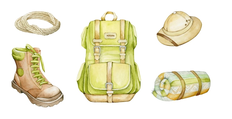 Vettore zaino, verde, in tela, con cinghie in pelle. disegno ad acquerello, accessorio, da viaggio.