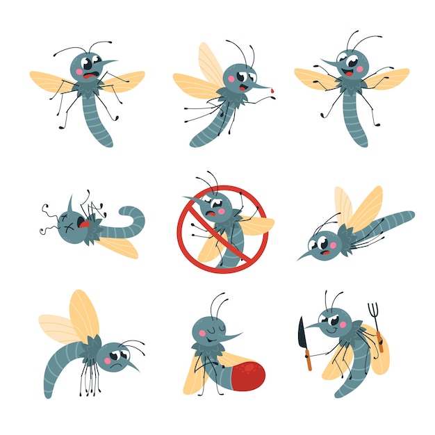 Zanzare dei cartoni animati zanzare divertente isolato in varie pose insetto stagionale vampiro buds volanti parassita della foresta personaggi vettoriali di classe