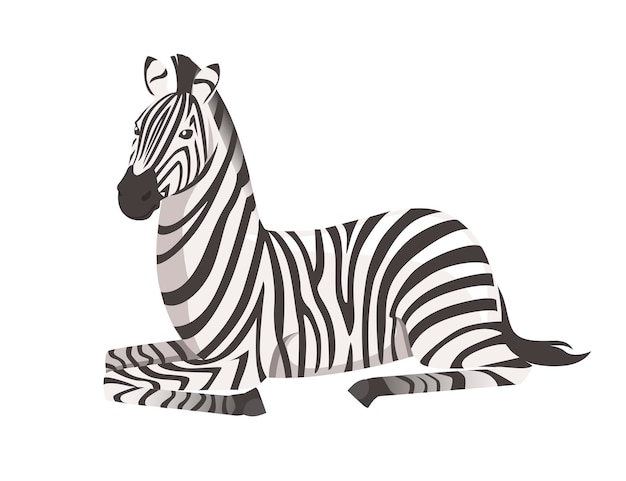 Zebra africana che si trova sull'illustrazione piana di vettore di disegno animale del fumetto di vista laterale del suolo