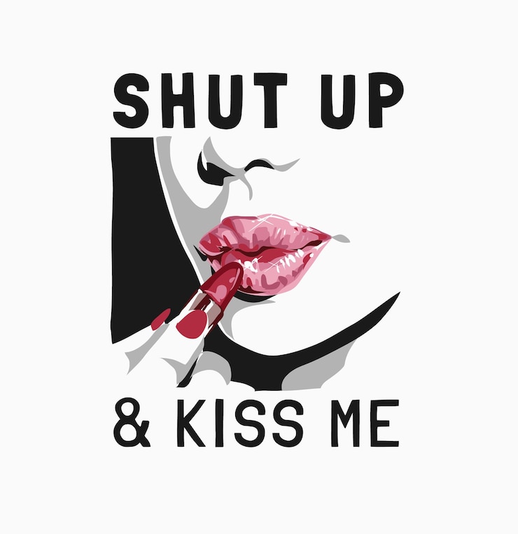 Vettore zitto e baciami slogan con illustrazione di labbra e rossetto delle ragazze