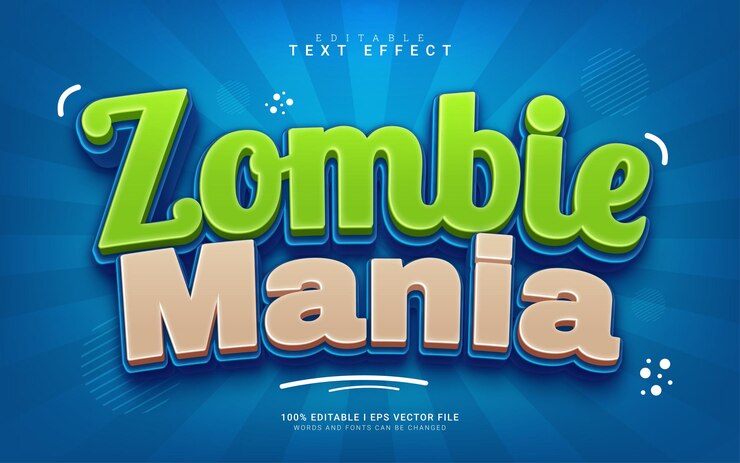 Vettore zombie mania cartone animato effetto testo in stile 3d
