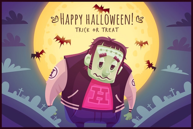 Zombie mutante divertenti cartoon su sfondo cielo di luna piena Manifesto di Halloween felice Dolcetto o scherzetto biglietto di auguri illustrazione