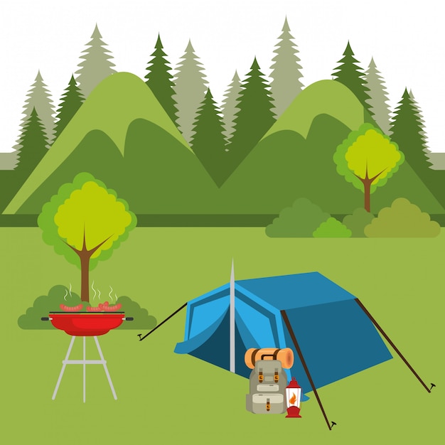 zona campeggio con scena di tenda