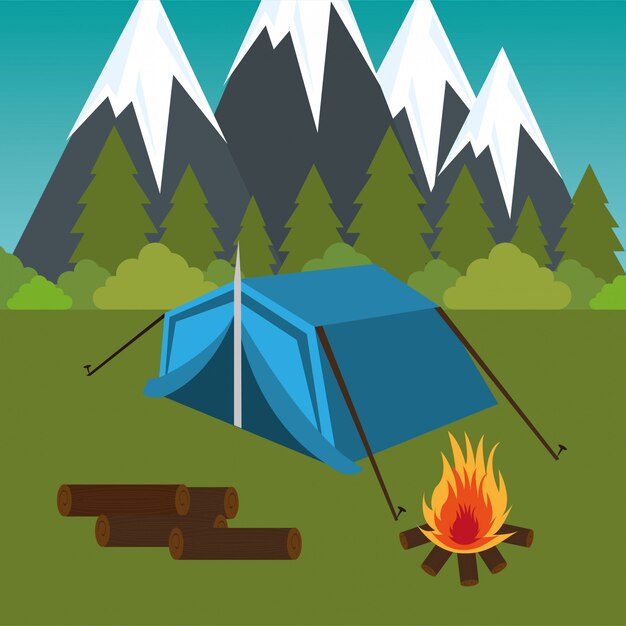 zona campeggio con tenda e fuoco