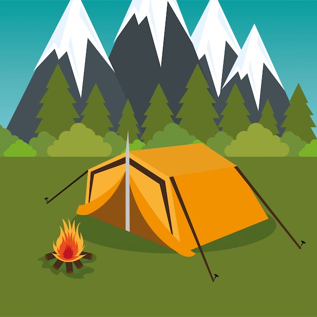 zona campeggio con tenda e fuoco
