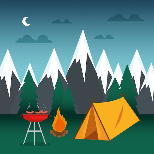 zona campeggio con tenda e fuoco