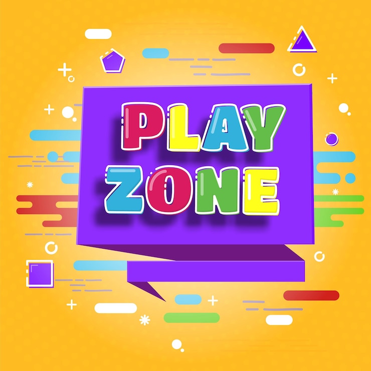 Vettore zona per bambini banner per sala giochi per cartoni animati poster per aree di gioco per bambini logo a colori per feste per bambini con lettere luminose modello vettoriale decente per bambini moderni