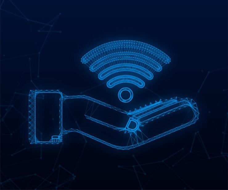 Vettore zona wifi gratuita segno nell'icona delle mani. wi-fi gratuito qui segno concetto. illustrazione di riserva di vettore