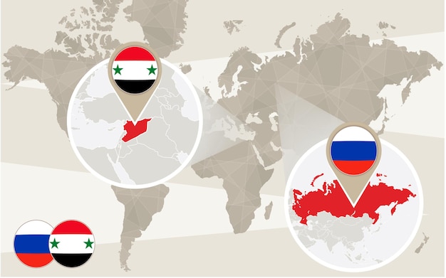 Zoom della mappa del mondo sulla Siria, Russia. Conflitto. Illustrazione di vettore.