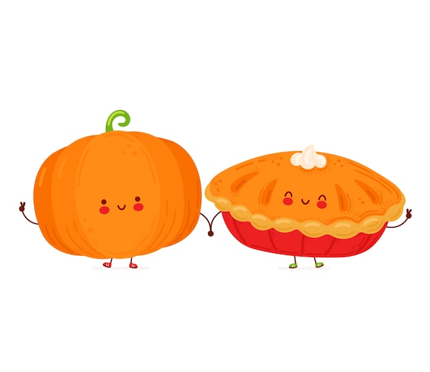 Zucca e torta divertenti felici sveglie. Isolato su sfondo bianco. illustrazione di stile disegnato a mano del personaggio dei cartoni animati