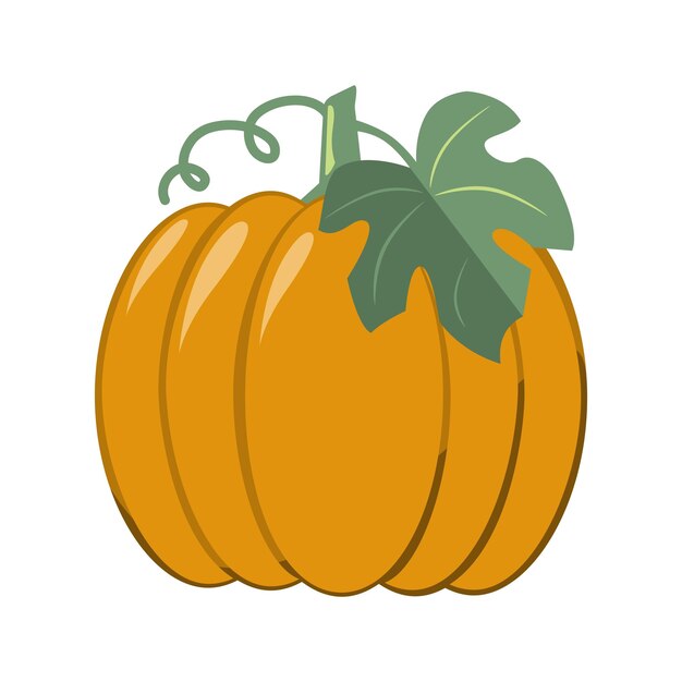 Zucca matura arancione grande con stile piatto vettoriale foglie verdi