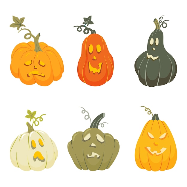 Zucche colorate spaventose di Halloween con collezione di faccina sorridente Jacko'lantern zucca intagliata
