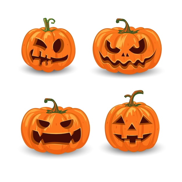 zucche di Halloween in vettore con un insieme di diverse facce illustrazione vettoriale