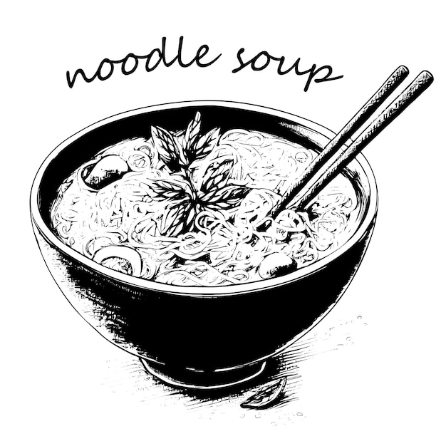 Zuppa di noodle disegnata a mano Cibo asiatico