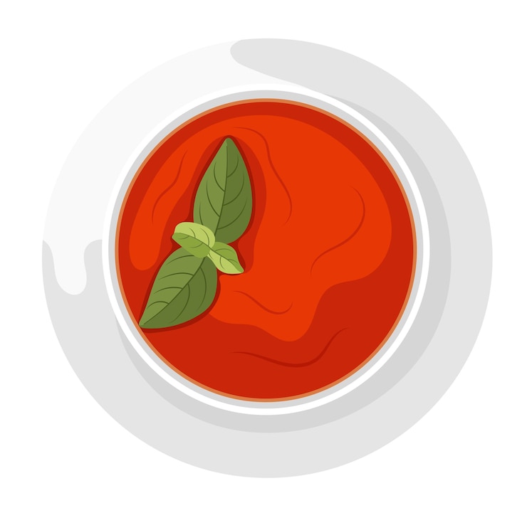 Vettore zuppa di pomodoro o gazpacho con foglie di basilico in una ciotola illustrazione isolata su sfondo bianco