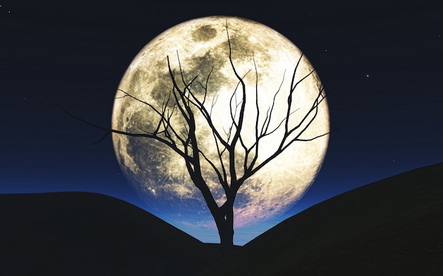 3D achtergrond van Halloween met boom die tegen de maan wordt gesilhouetteerd