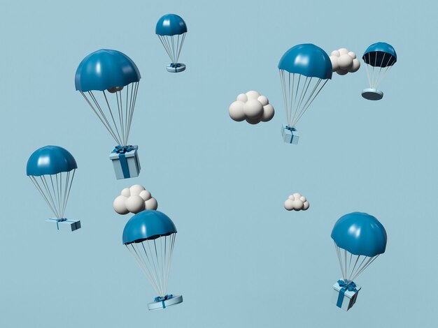 3D-afbeelding. Geschenkdozen vliegen in de lucht met parachutes. Online winkel- en bezorgserviceconcept.