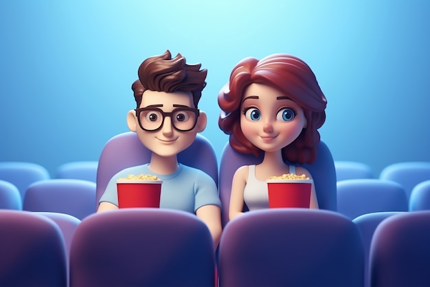 3D-beeld van een echtpaar in de bioscoop dat een film kijkt