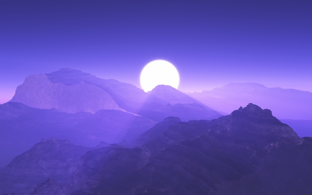 3D berglandschap met purpere zonsonderganghemel