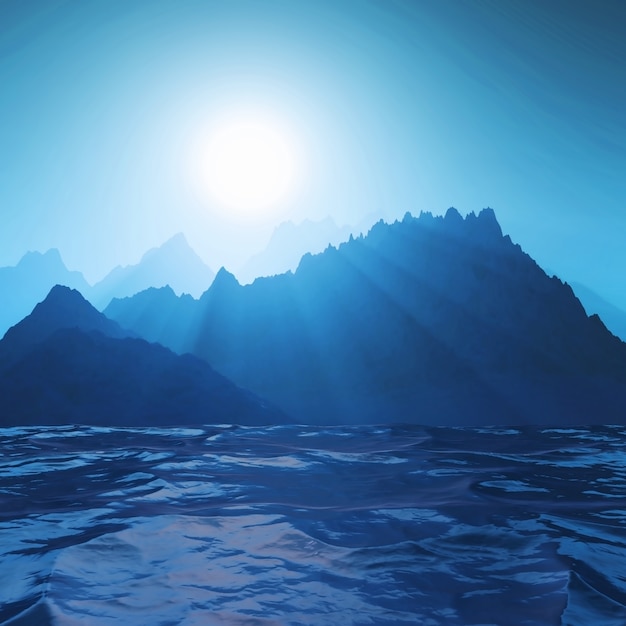 3D berglandschap tegen oceaan