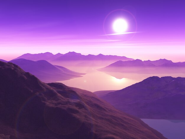 3D berglandschap tegen zonsonderganghemel met lage wolken