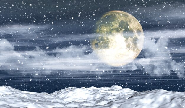 3D besneeuwde landschap met de maan en de sneeuwvlokken