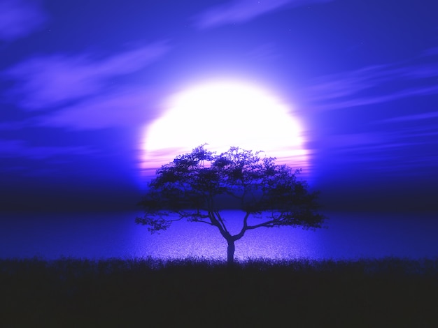 3d boom aftekenen boom tegen een maanverlichte landschap