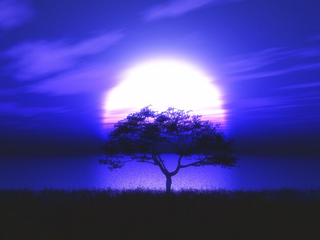 3D boom aftekenen boom tegen een maanverlichte landschap