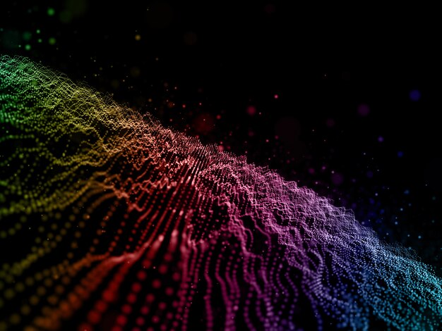 3D cyber dots abstracte achtergrond met regenboog gekleurde vloeiende deeltjes
