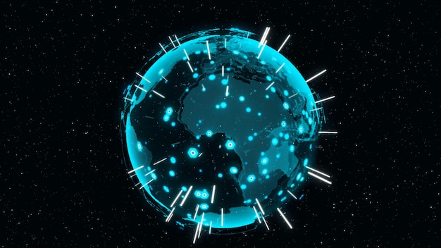 3d digital earth toont het concept van wereldwijde netwerkverbinding van internationale mensen in wereldwijde zaken die draaien op sterren en ruimteachtergrond. moderne informatietechnologie en globalisering concept.