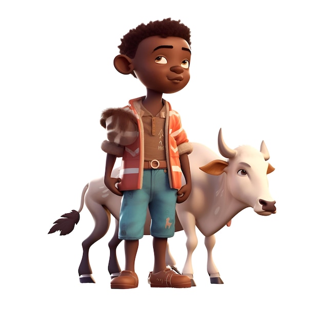 Gratis foto 3d digitale weergave van een zwarte jongen met een koe geïsoleerd op een witte achtergrond