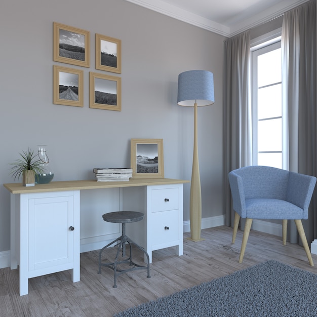 3D eigentijds woonkamerinterieur en modern meubilair