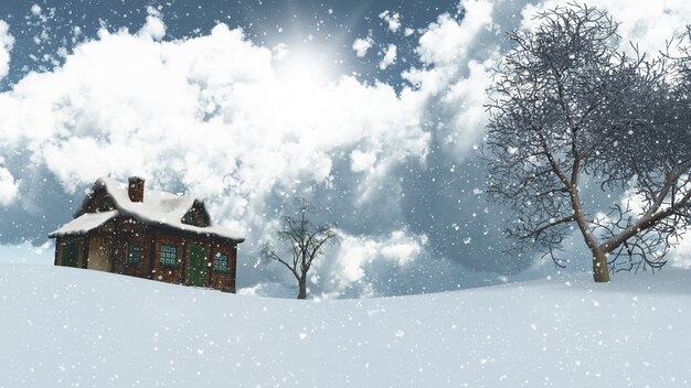 3D geef van een besneeuwd landschap met huis en bomen