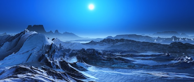 3D geef van een besneeuwde landschap fantasy