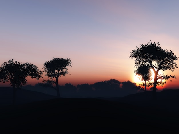 3D geef van een boom landschap tegen een zonsondergang hemel