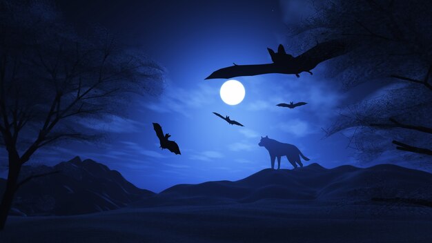 3D geef van een griezelig landschap met wolf en vleermuizen