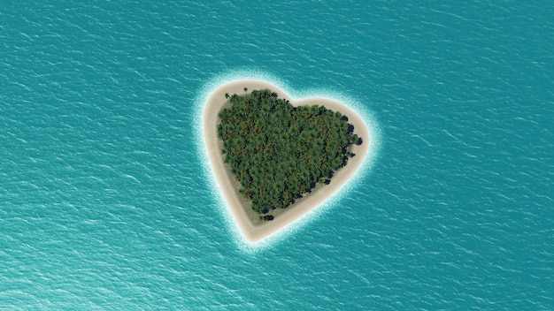 3d geef van een hartvormige eiland in de oceaan met palmbomen