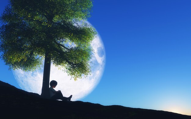 3D geef van een jongen zat tegen een boom met de maan in de nachtelijke hemel