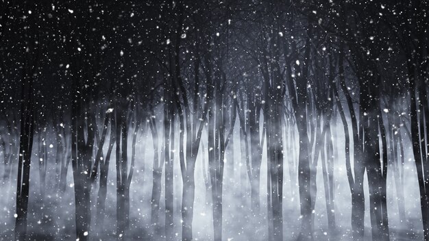3D geef van een spookachtig mistig bos op een besneeuwde nacht