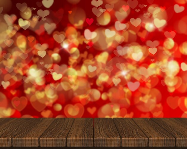 3D geef van een Valentines Day achtergrond met houten tafel op zoek naar hartvormige bokeh lichten