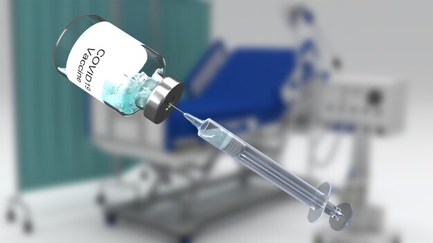 3D geef van medisch met covid-vaccinbeeld tegen defocussed het ziekenhuisbed terug