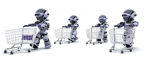 3d geef van robots lopen met winkelwagentjes