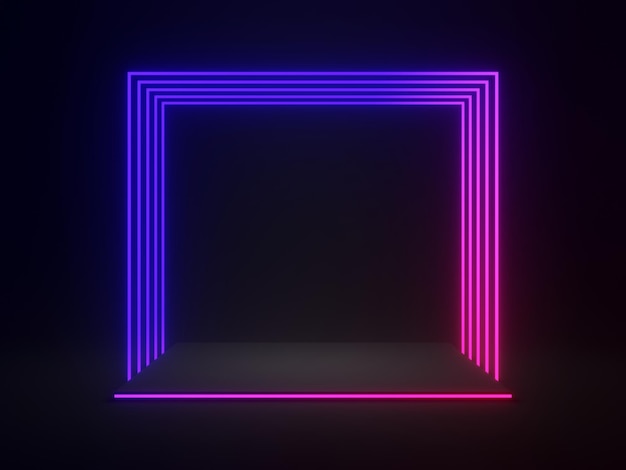 3d-gerenderde zwarte geometrische met gradiënt neonlichten. donkere achtergrond.