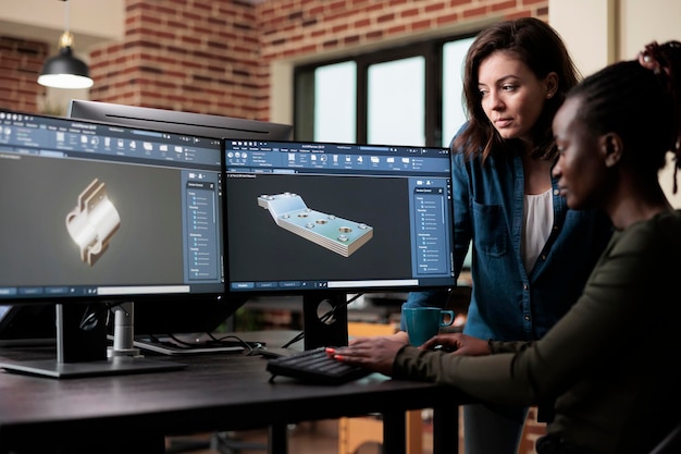 3D-grafische kunstenaars schetsen mechanische activa met behulp van geavanceerde softwaretechnologie. Modelleringsexpert optimaliseert het aantal polygonen en het geometrienetwerk om de visuele kwaliteit te verbeteren.